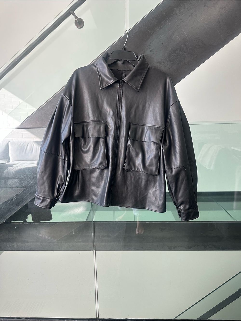 Black Faux Leather Boxy Zip Jacket with Flap Pockets